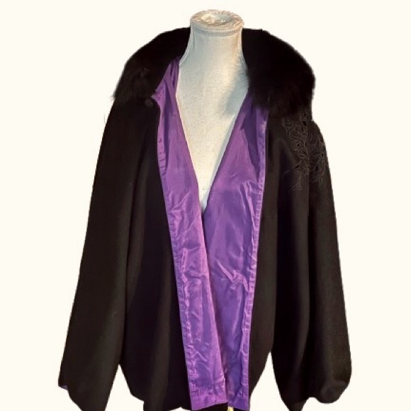 Kimono Wool Fur Cape Glamorous Jacket Black Purple Jacket Floral Vintage Large - Picture 13 of 16